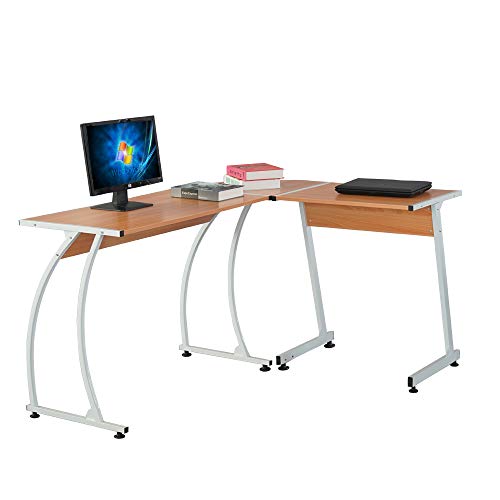 L-Shaped Durable E1 15MM Chipboard & 0.7mm Steel Arc Legs Splicing Computer Desk Wood Color