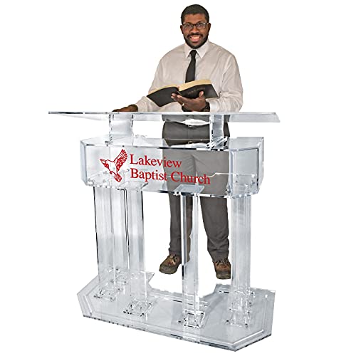 Kingdom Acrylic Lectern Podium with 6 Column Base and Wide Middle Shelf - Clear