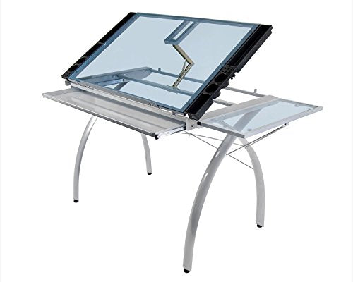 Offex Home Office Futura Craft Station with Folding Shelf Silver/Blue Glass