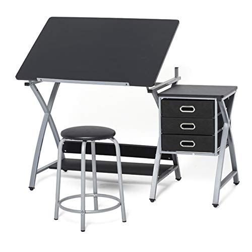 XIONGGG MDF Drafting Table Tilted Tabletop Drawing Desk, Art & Craft Drawing Desk Folding Craft Station, with 3 Slide Drawers