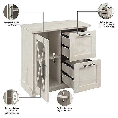 Bush Furniture Lennox Farmhouse 2 Drawer Lateral File Cabinet with Shelves | Linen White Oak