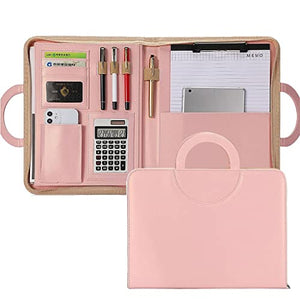 RENSLAT A4 Portfolio Folder with Handles Women Business Briefcase Pu Leather Document Case Notebook Organizer Binder File Bags (Color : Pink)
