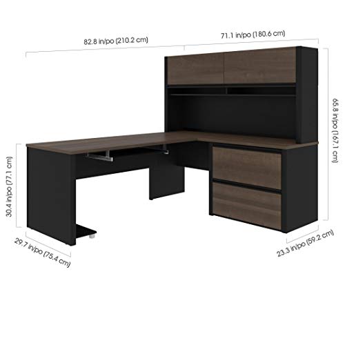 Bestar L-Shaped Desk with Hutch, Lateral File Cabinet, 72W, Antigua & Black