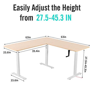 UNICOO – L Shaped Crank Height Adjustable Standing Desk, Sit to Stand up Corner Desk, L-Shaped Standing Workstation (White Frame/Light Oak Top - L Shape Crank)
