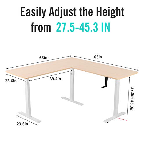 UNICOO – L Shaped Crank Height Adjustable Standing Desk, Sit to Stand up Corner Desk, L-Shaped Standing Workstation (White Frame/Light Oak Top - L Shape Crank)
