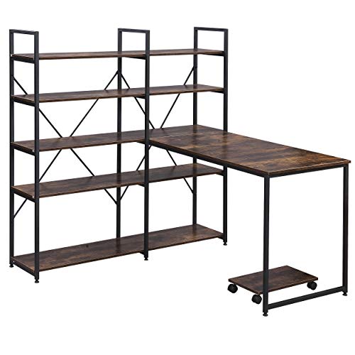 54" Large Home Office Computer Desk with 5-Tier Shelves, Office Desk Study Table with Bookcase, Writing Desk Workstation with Hutch Bookshelf (Brown)