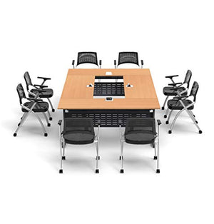 Team Tables 8 Person Training Meeting Seminar Classroom Model 5600 Beech Folding Industrial Caster Z-Base - Tables Connect - Modesty Panel, Shelf, Power+USB Outlet - Fold+Nest Storage (Seating Included)