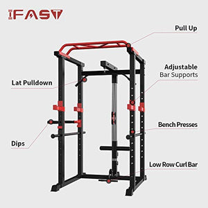 Multi-Functional Power Cage with LAT Pulldown,12 Height Adjustable Commercial Squat Rack 1000lb Capacity Home Gym Strength Training Equipment (86.61”H x 43.31”Wx 55.12”L)