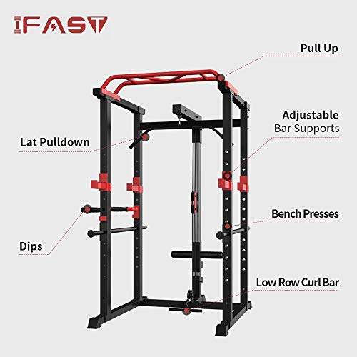 Power Cage 1000-Pound Capacity Exercise Stand Olympic Squat Cage Power Rack with LAT Pull-Down Attachment, Multi-Grip Pull-up Bar and Dip Handle for Men Women Strength Training Home Gym Equipment