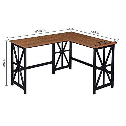 GreenForest L Shaped Desk and Computer Desk Bundle, Industrial Gaming Writing Desk Home Office Furniture Set, Walnut