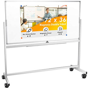 Double Sided Rolling Whiteboard, Mobile Whiteboard Magnetic White Board - 72 x 36 inches Large Reversible Dry Erase Board Easel Standing Board on Wheels with Silver Aluminum Frame and Stand