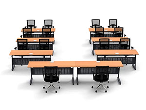 Team Tables Folding Training Seminar Classroom Tables Model 2567 Beech - Industrial Caster Z-Base, Connect, Modesty Panel, Shelf, Power + USB Outlet - 22pc Set with Seating