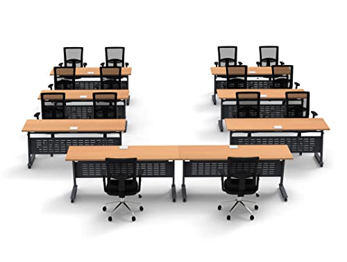 Team Tables Folding Training Seminar Classroom Tables Model 2567 Beech - Industrial Caster Z-Base, Connect, Modesty Panel, Shelf, Power + USB Outlet - 22pc Set with Seating