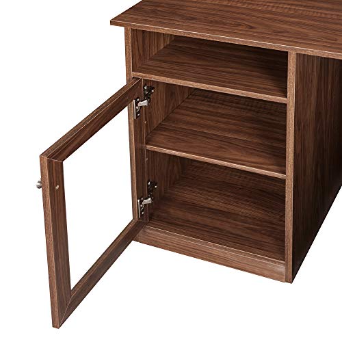 Home Office L-Shaped Desk with Hutch and Glass Doors, Writing Workstation with Shelves and File Cabinet for Home Office (Brown) (Brown)