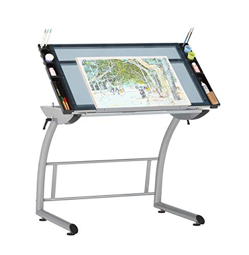 SD STUDIO DESIGNS Triflex Drawing Table, Sit to Stand Up Adjustable Office Home Computer Desk, 35.25" W X 23.5" D, Silver/Blue Glass