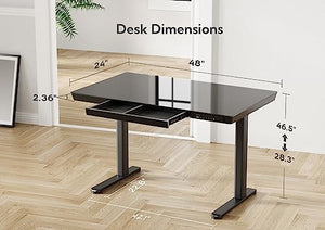 Claiks Glass Standing Desk with Drawers, 48×24 Inch Adjustable Stand Up Desk with USB Ports, Black