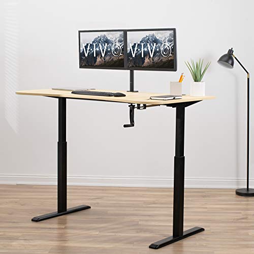 VIVO Height Adjustable Stand Up Desk, Crank System, Complete Workstation with 3 Section Light Wood Table Top, Black Frame, DESK-KIT-1MBC