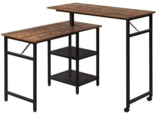 JCXT L-shaped desk computer corner desk, home office with shelves gaming writing workstation large monitor stand, space-saving, easy to assemble shaped Rustic Wood and Metal Office Desk with Storage S