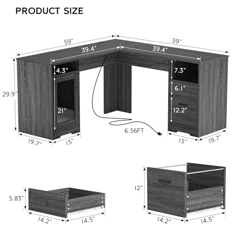IdeaKey L Shaped Desk with File Cabinet and Storage Drawers, Power Outlets, Executive Office Desk, Retro Grey, 60 Inch