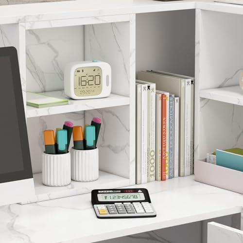 MOUMON L-Shaped Reception Desk with Storage, Marble White (55.9”W x 32.3”D x 48.4”H)