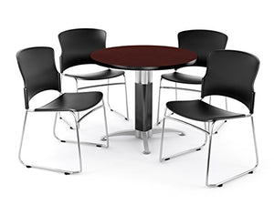 OFM Multi-Use Break Room Package, 36" Round Table with Plastic Stack Chairs, Mahogany Finish with Metal Mesh Base and Black Seats (PKG-BRK-027)