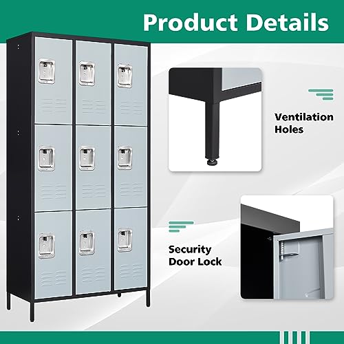 Letaya Metal Lockers for Employees - 9 Door Storage Locker with Shelves and Lockable Steel Cabinet - Black & Gray, 9 Door