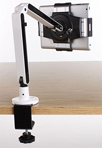 Displays2go, Tablet Desk Holder, Aluminum Construction, Locking Design – White, Black Finish (IPROFLXTDA)