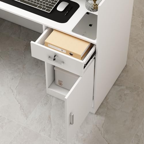 MOUMON Reception Desk with Moveable Shelves, Lockable Drawer, Black Tapes - White - 55.1”W x 23.6”D x 43.3”H