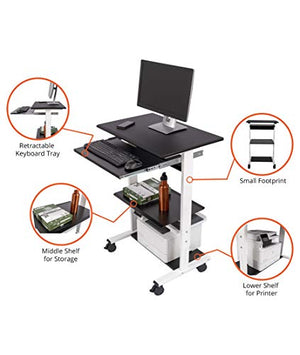 S Stand Up Desk Store Mobile Rolling Adjustable Height Standing Workstation with Printer Shelf and Keyboard Tray (White Frame/Black Top, 30" Wide)