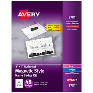 Avery Customizable Magnetic Name Badges, 3" x 4", White, 48 Printable Inserts and Badge Holders with Magnets (08781)
