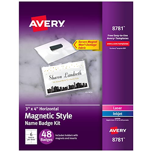 Avery Customizable Magnetic Name Badges, 3" x 4", White, 48 Printable Inserts and Badge Holders with Magnets (08781)