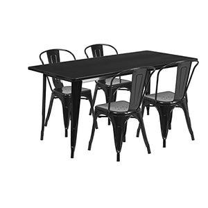 Flash Furniture Commercial Grade 5-Piece Black Metal Table Set with 4 Stack Chairs