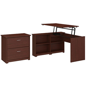 Bush Furniture Cabot 52W 3 Position Sit to Stand Corner Bookshelf Desk with Lateral File Cabinet in Harvest Cherry