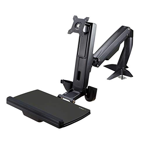 StarTech.com Sit Stand Monitor Arm - Desk Mount Adjustable Sit-Stand Workstation Arm for Single 34" VESA Mount Display - Ergonomic Articulating Standing Desk Converter with Keyboard Tray (ARMSTSCP1)