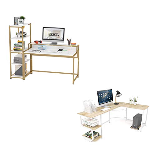 Teraves Computer Desk with 5 Tier Shelves & Reversible L Shaped Desk with Shelves Round Corner Computer Desk Gaming Table Workstation for Home Office