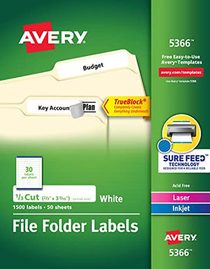 Avery File Folder Labels, TrueBlock Technology, Permanent Adhesive, 2/3" x 3-7/16", Box of 1,500, Case Pack of 5 (5366)