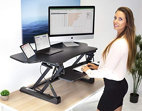 Mount-It! Height Adjustable Standing Desk Converter | 48” Wide Tabletop Sit Stand Desk Riser with Gas Spring | Stand Up Computer Workstation Fits Dual Monitors | Black | MI-7925