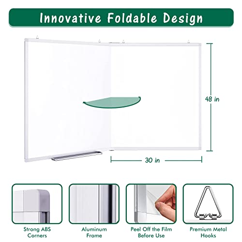 Large Magnetic Whiteboard, maxtek 60 x 48 inches Magnetic Dry Erase Board Foldable with Marker Tray 1 Eraser 3 Markers and 6 Magnets| Wall-Mounted Aluminum Memo White Board for Office Home and School