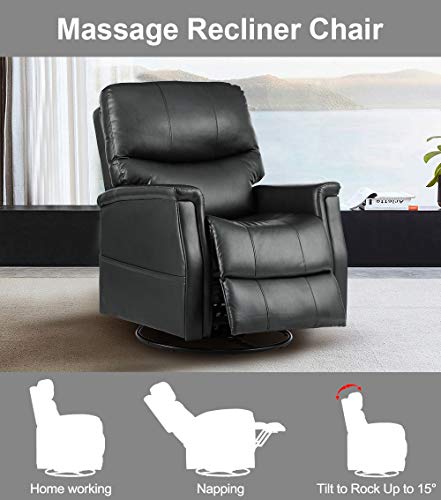 eclife Massage Recliner Chair with Lumbar Heating, 360 Degree Swivel& Rocking, Ergonomic Lounge Chair, Reclining Sofa for Living Room, Side Pocket， Remote Control (Black + PU, Swivel+Rocking)