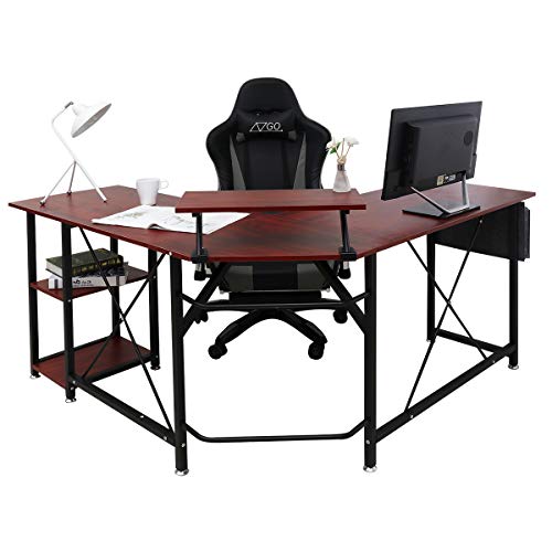 AZGO L Shaped Desk Home Office Desk with Round Corner Computer Desk with Large Monitor Stand Space-Saving Easy to Assemble PC Table Desk Office Writing Workstation for Home Office Bedrooom Wine Red