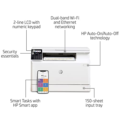 HP Laserjet Pro MFP M182 nw All-in-One Wireless Ethernet Color Laser Printer, White - Print Scan Copy - 2-Line LCD with Numeric Keypad Display, 17 ppm, 600 x 600 dpi, 8.5 x 14