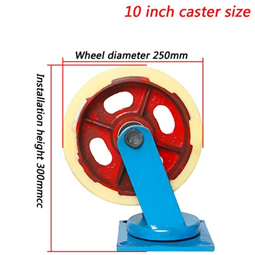 Heavy Duty Universal Caster Set - 8", 10", 12" - Cast Iron Core, Nylon Rim, Brake