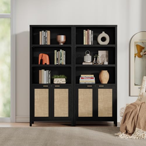 SICOTAS 5 Tier Rattan Boho Bookcase with Doors - Black 2PCS