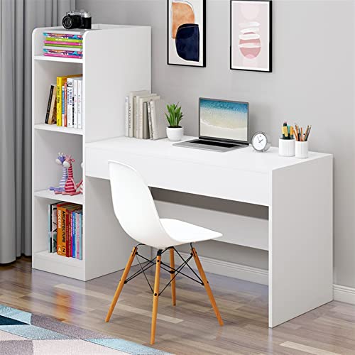 BinOxy Modern Minimalist Computer Desk with Multi-layer Storage Bookcase - White PC Table Study Table (112CM)