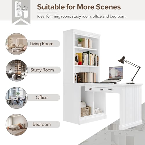 Merax 83.4" Tall Storage Bookshelf & Writing Desk Suite with LED Lighting, Drawers, Open Shelves - 2-Piece Set, White