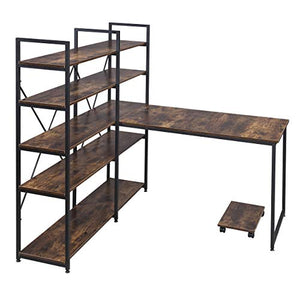 Merax 54" Large Computer 5-Tier Shelves, Office Study Table with Bookcase, Writing Hutch Desk, Brown