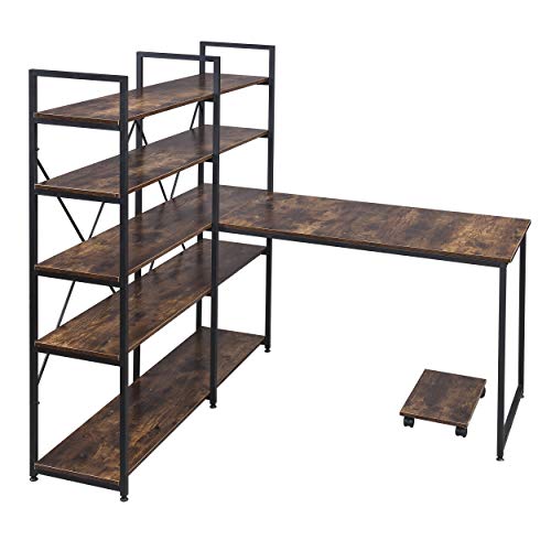 Merax 54" Large Computer 5-Tier Shelves, Office Study Table with Bookcase, Writing Hutch Desk, Brown