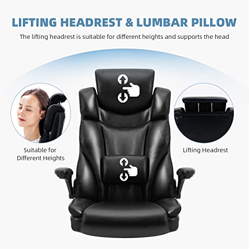 YAMASORO High Back Ergonomic Executive Office Chair - Black Leather with Wheels, Flip-up Arms, Adjustable Headrest, Tilt, and Lumbar Support