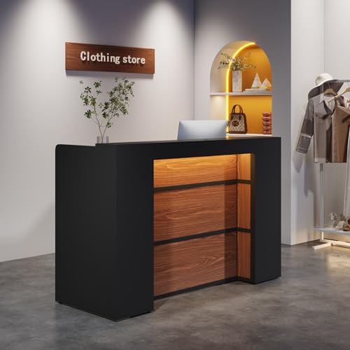 Tribesigns Reception Desk with LED Lights, 63 Inches Front Counter Table (Black&Brown)