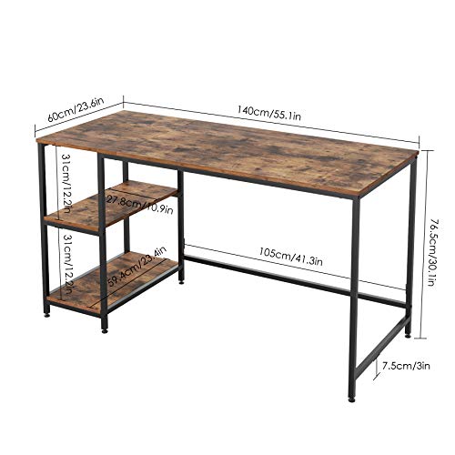 Homfa Computer Desk with 2 Shelves, 55 in Length Study Writing Table, 2-in-1 Large Office Desk with Metal Legs, Adjustable feet, Modern Furniture for Home Office, Study Room-Rustic Brown